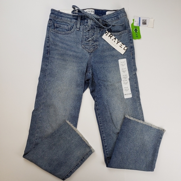 FRAYED brand jeans high rise straight crop lace front size 0 NEW - Picture 1 of 11